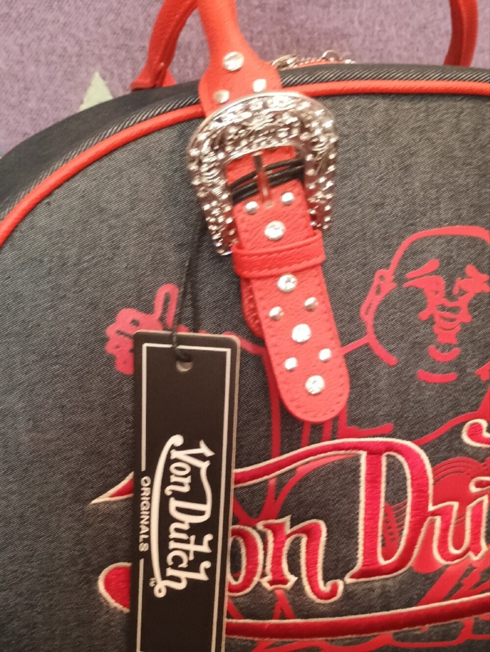 Von Dutch Red and Gray Embroidered Logo Satchel with Studded Buckles - Picture 4 of 12